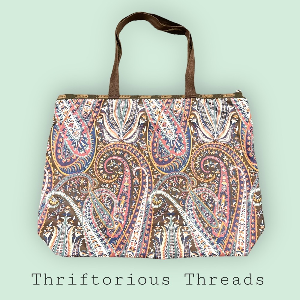 LeSportsac Brown and Purple Tote Bag with Paisley Design